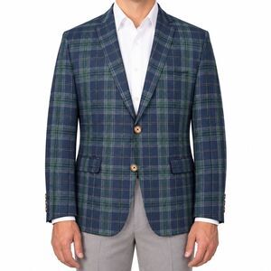 Mens 42R Navy Green Gray Tartan Plaid 100% Wool Sport Coat Blazer Jacket Preppy